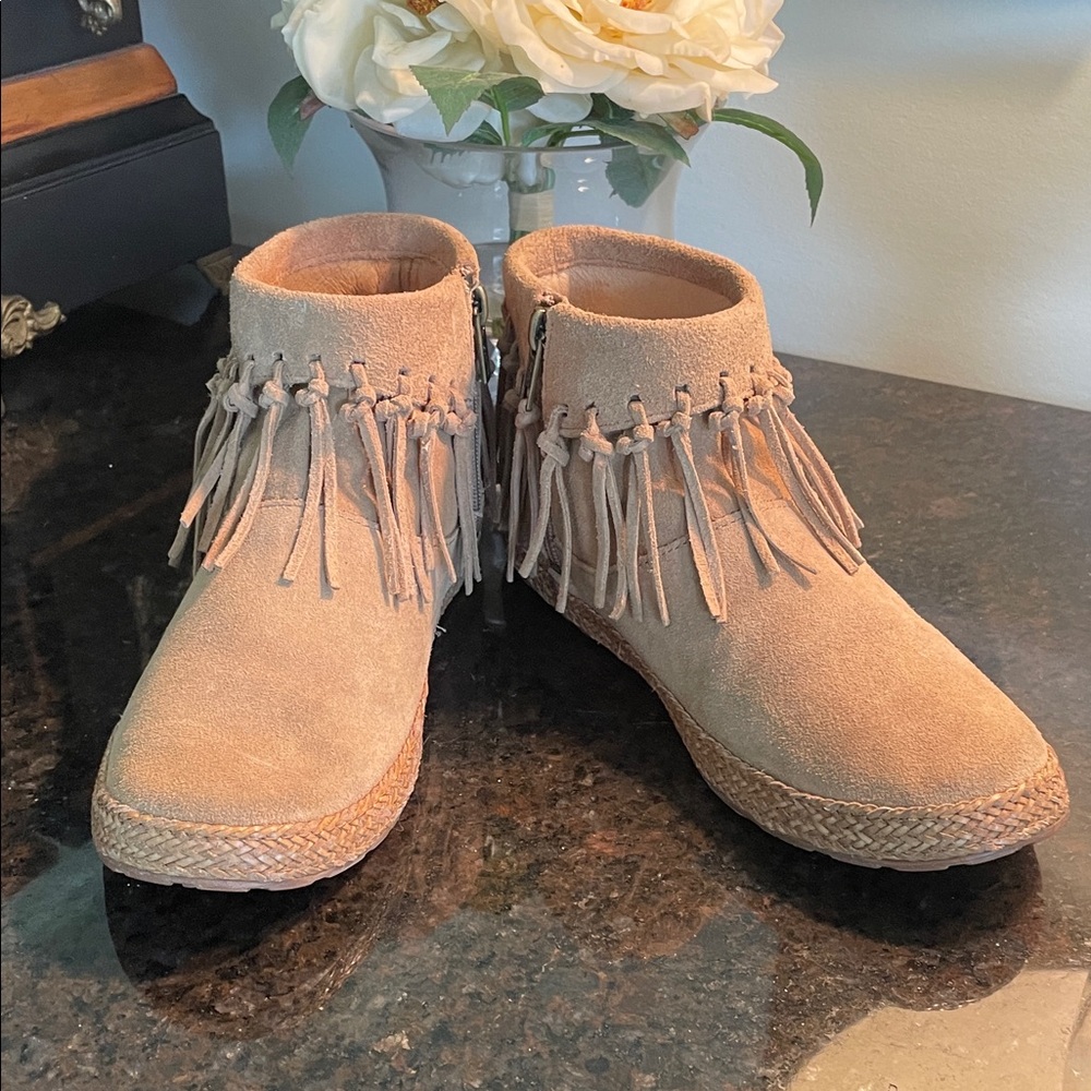 UGG Beige Suede Fringe Ankle Booties